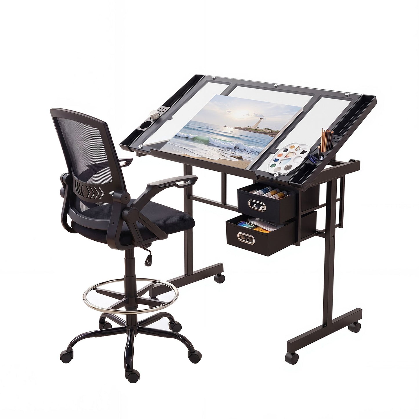 Drafting Table Glass Top Desk Chair Set | HomeAndLiving