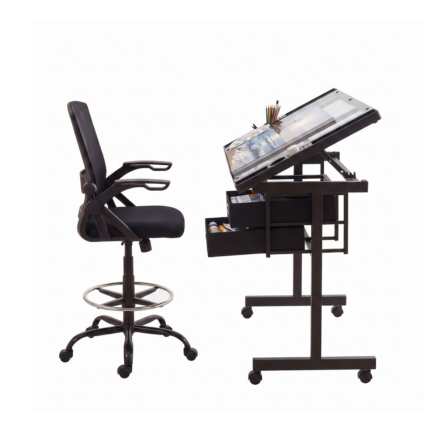 Drafting Table Glass Top Desk Chair Set | HomeAndLiving