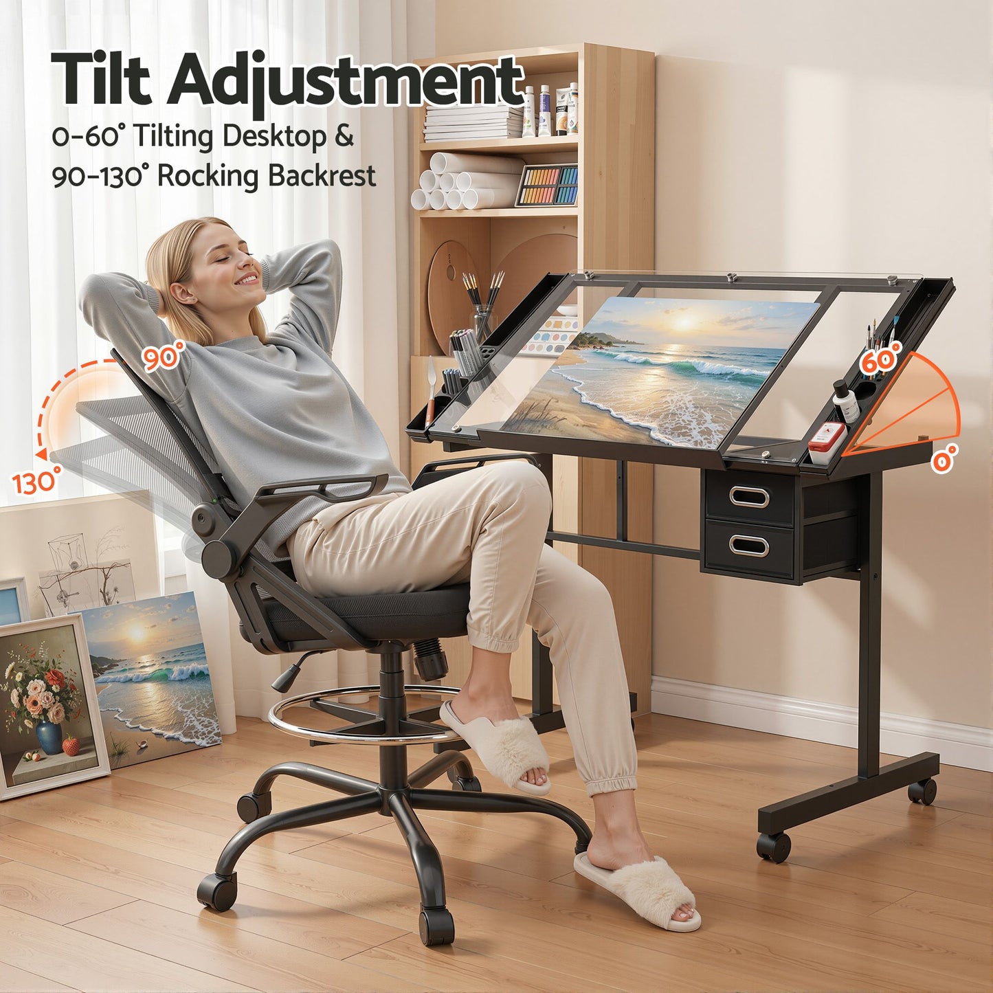 Drafting Table Glass Top Desk Chair Set | HomeAndLiving