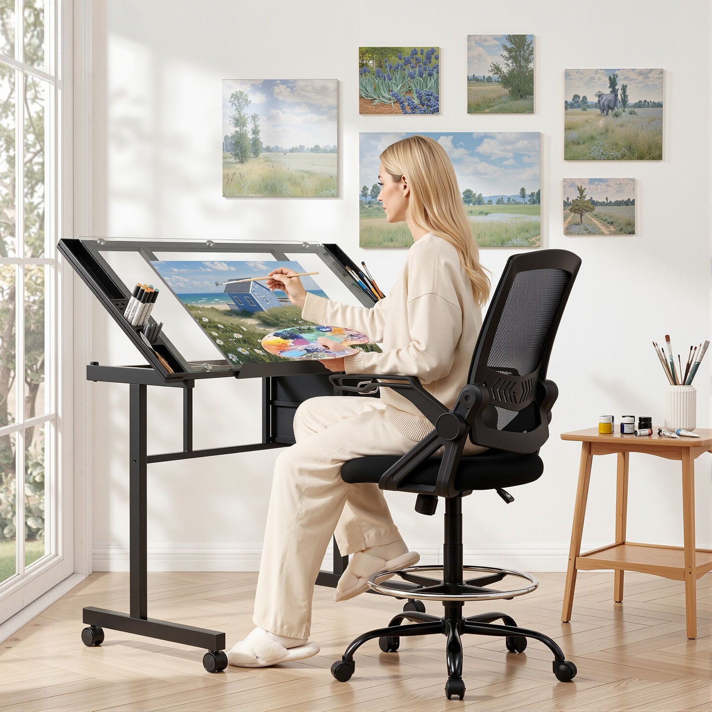 Drafting Table Glass Top Desk Chair Set | HomeAndLiving