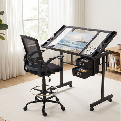 Drafting Table Glass Top Desk Chair Set | HomeAndLiving