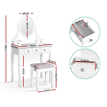 Dressing Table Stool Set Mirror Drawers Makeup Cabinet Storage Desk White