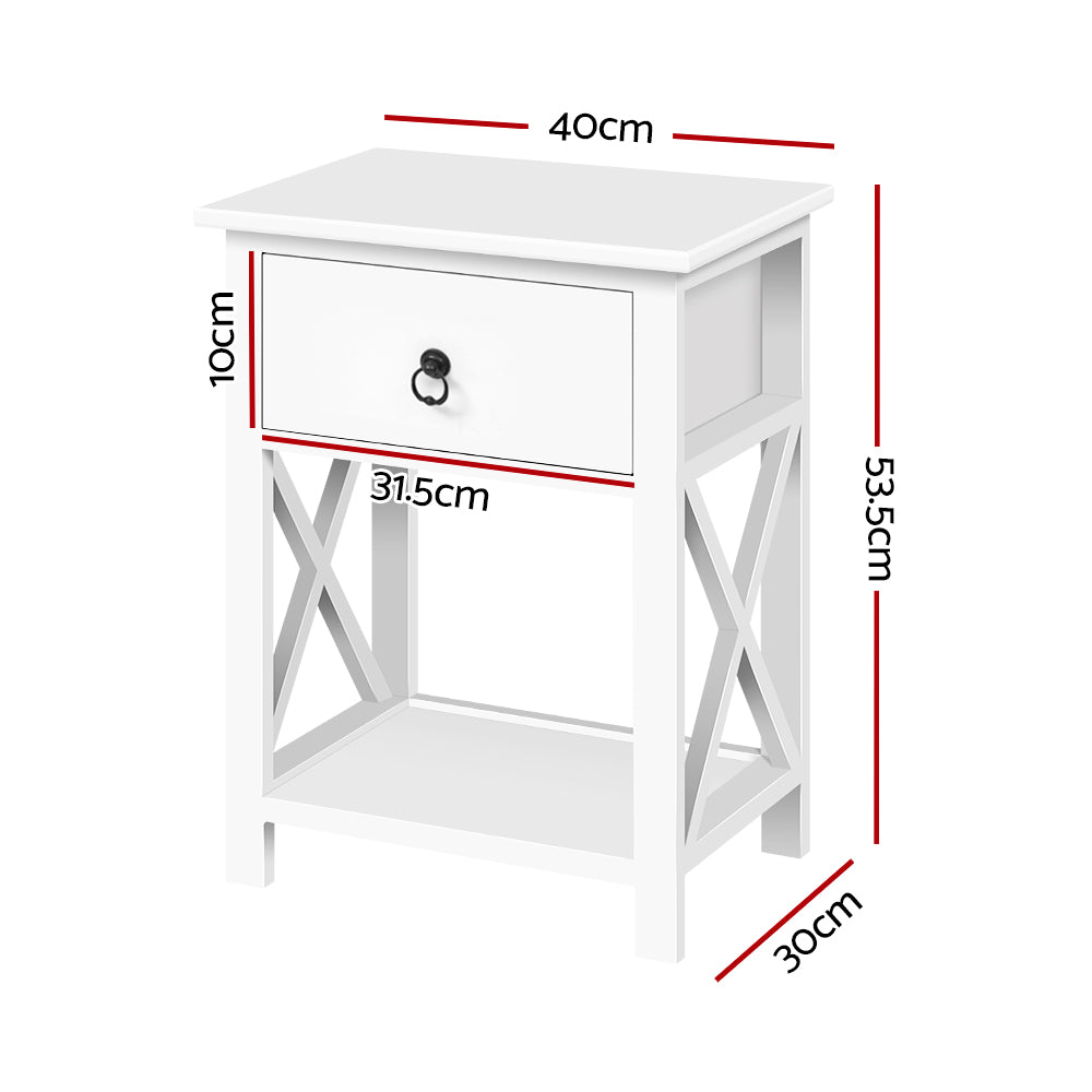 2 X Bedside Table 1 Drawer With Shelf - Emma White