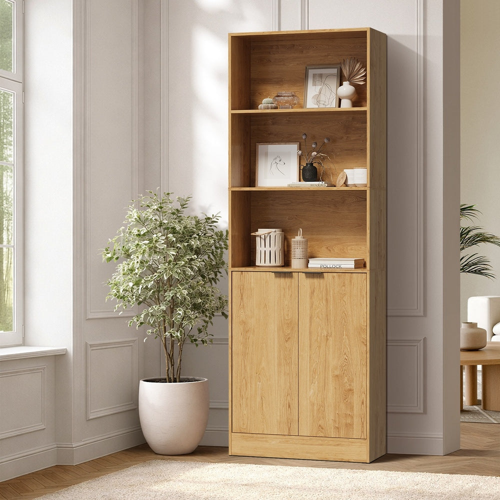 Tall Bookcase Display Shelf 2 Door Adjustable Cabinet