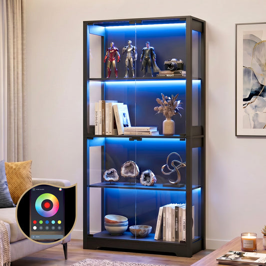4 Tier Glass Display Cabinet LED Lights Black | HomeAndLivin - 6