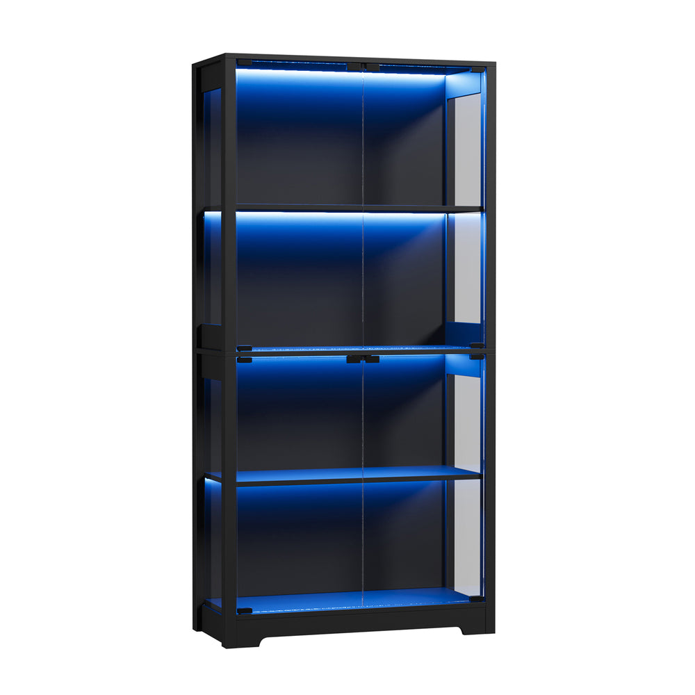 4 Tier Glass Display Cabinet LED Lights Black | HomeAndLivin