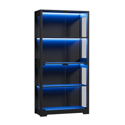 4 Tier Glass Display Cabinet LED Lights Black | HomeAndLivin