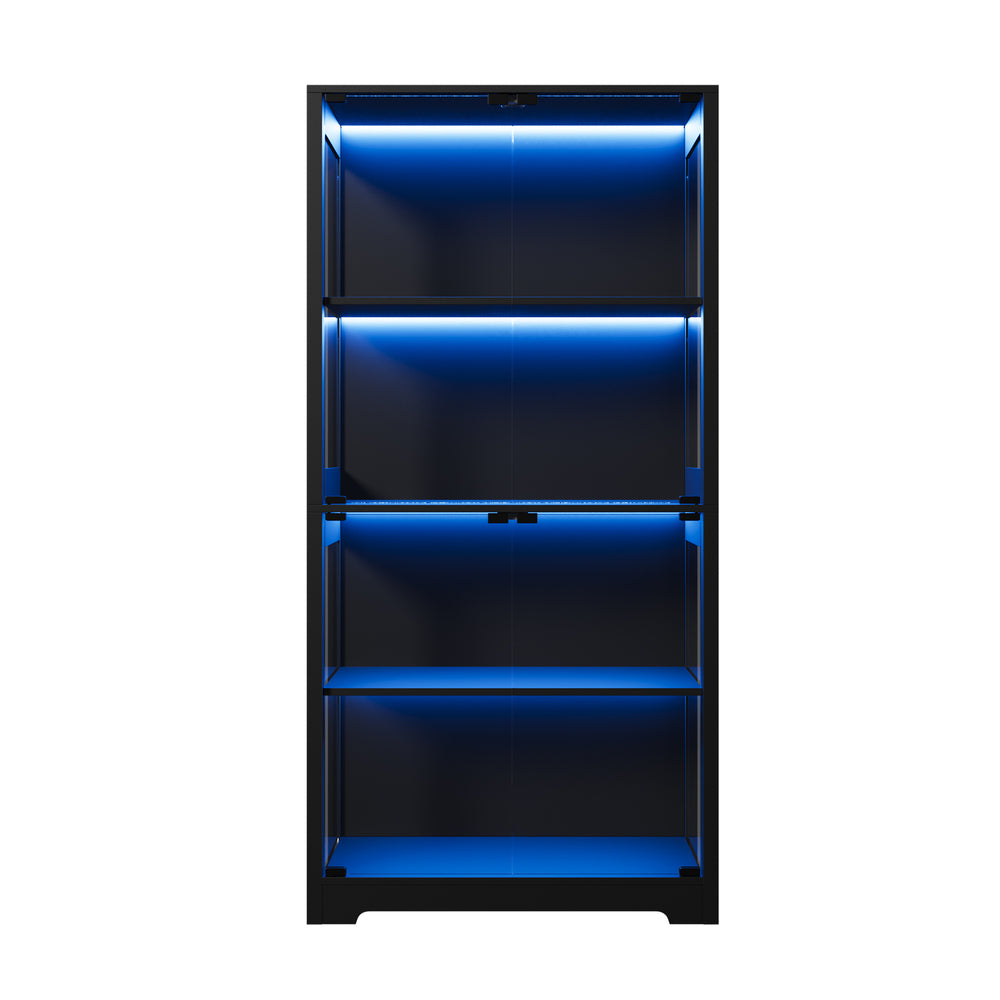 4 Tier Glass Display Cabinet LED Lights Black | HomeAndLivin