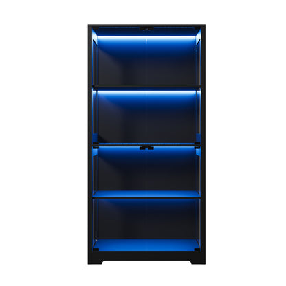 4 Tier Glass Display Cabinet LED Lights Black | HomeAndLivin