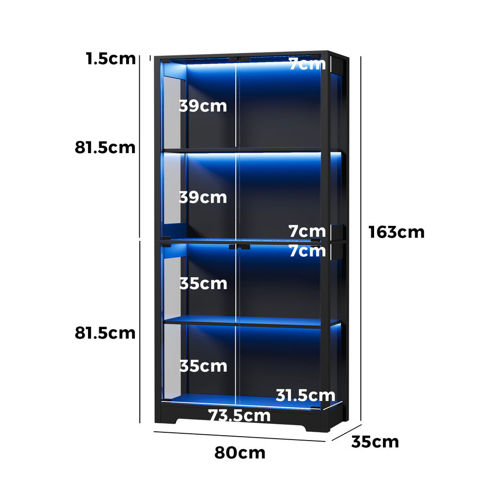 4 Tier Glass Display Cabinet LED Lights Black | HomeAndLivin