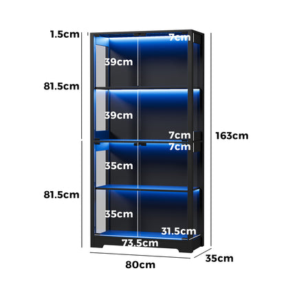 4 Tier Glass Display Cabinet LED Lights Black | HomeAndLivin