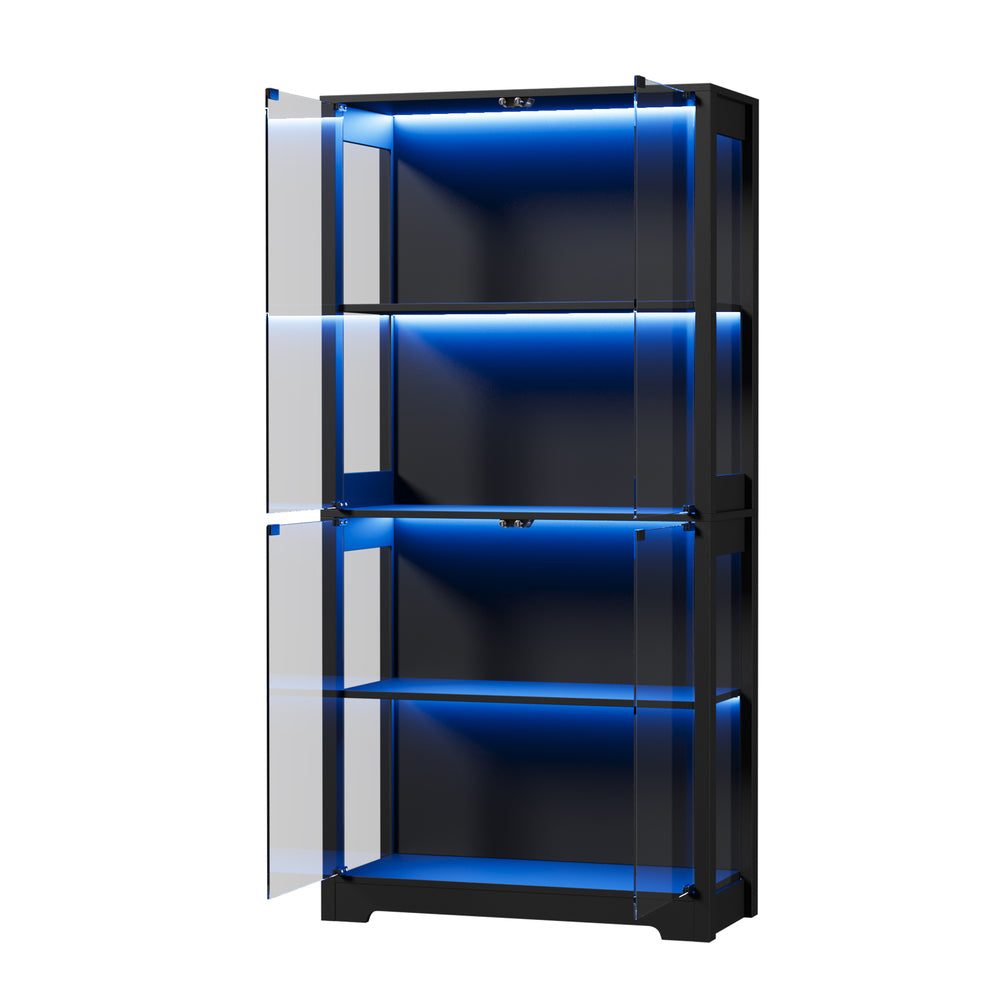 4 Tier Glass Display Cabinet LED Lights Black | HomeAndLivin