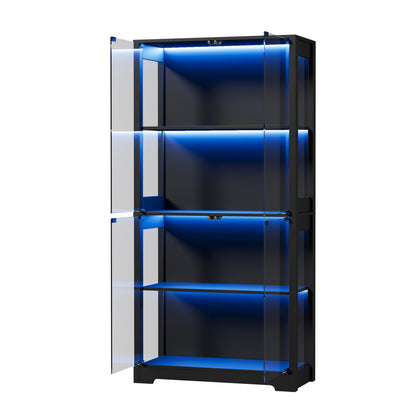4 Tier Glass Display Cabinet LED Lights Black | HomeAndLivin