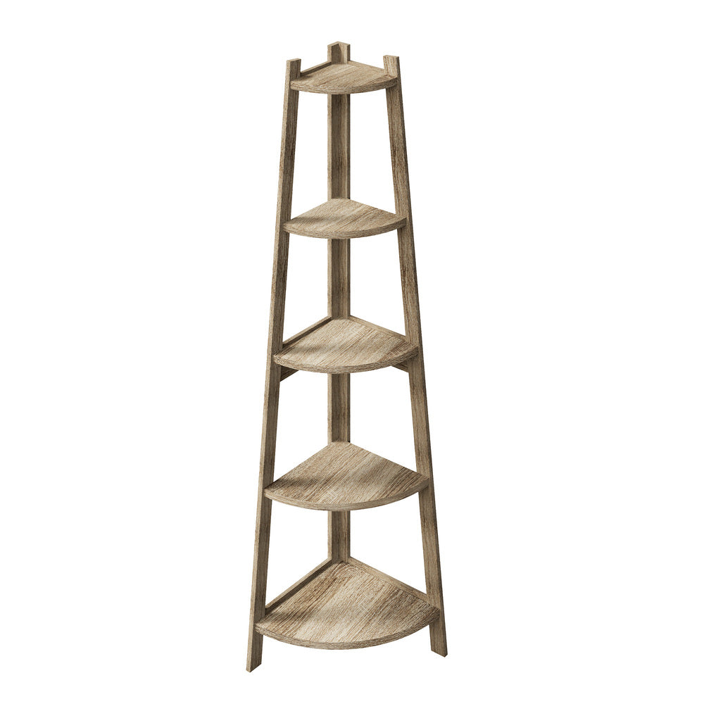 Corner Ladder Shelf 5 Tier Display Stand Bookshelf Natural