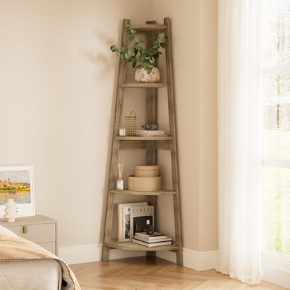 Corner Ladder Shelf 5 Tier Display Stand Bookshelf Natural