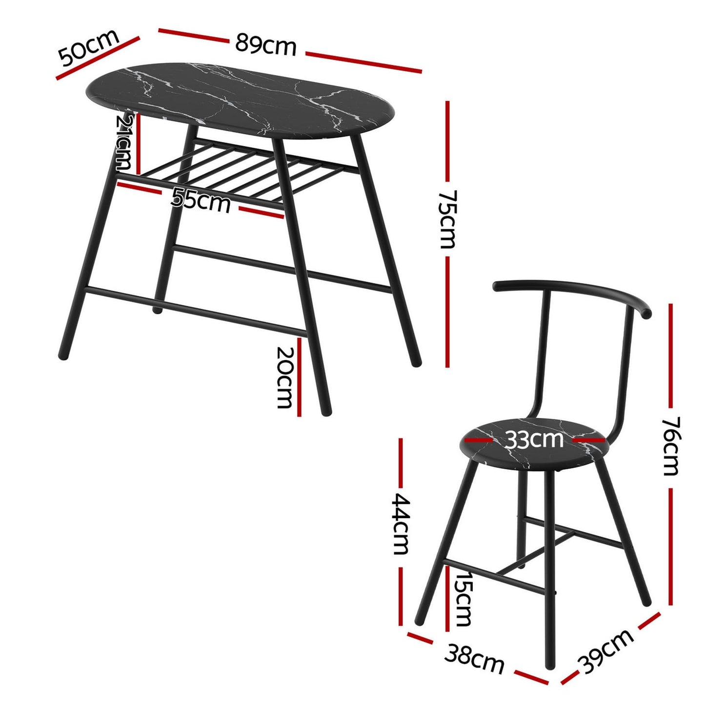 Marble Dining Set 3PC 89x50x75cm