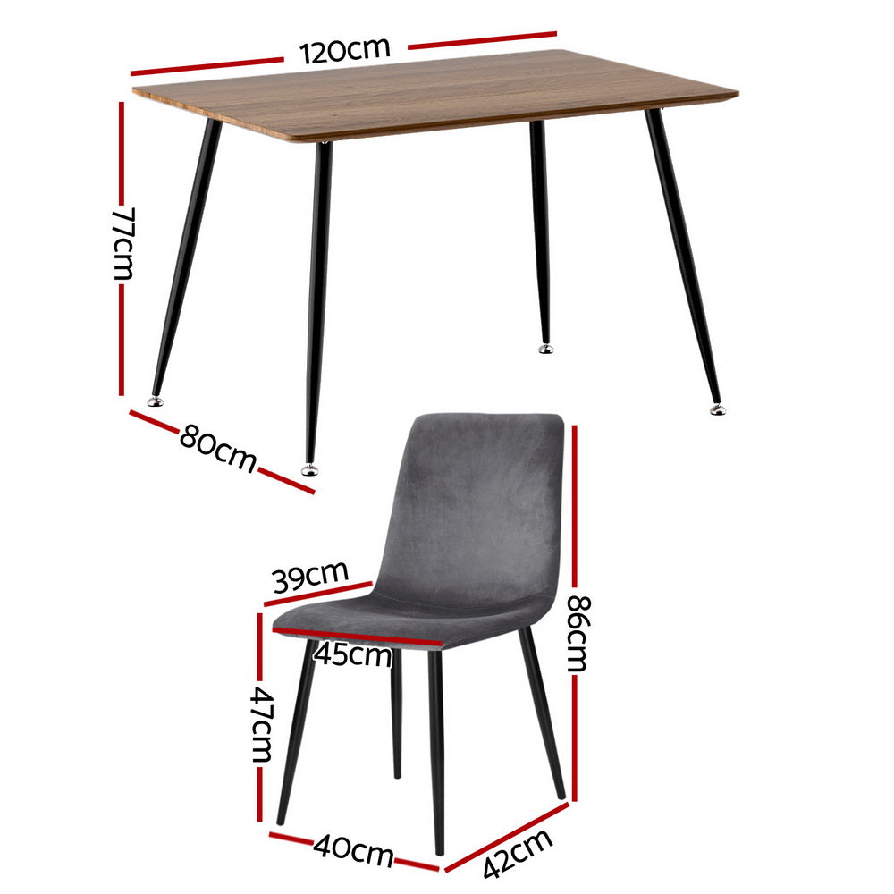 1 Dining Table and 4 Chairs Set Grey Velvet