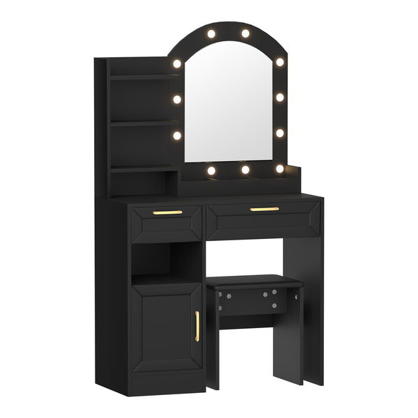  Dressing Table Stool Set Arch Mirror 12 LED Bulbs Black