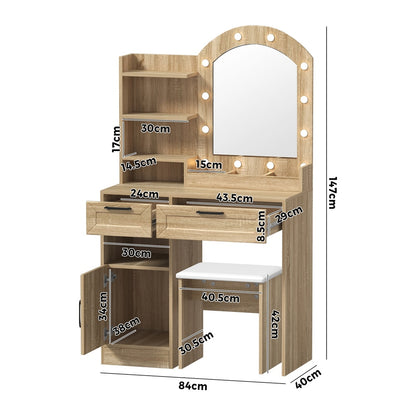Dressing Table Stool Set Arch Mirror 12 LED Bulbs Natural
