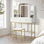 Dressing Table Stool Set LED Mirror Vanity Desk White Gold