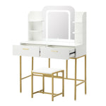 Dressing Table Stool Set LED Mirror Vanity Desk White Gold