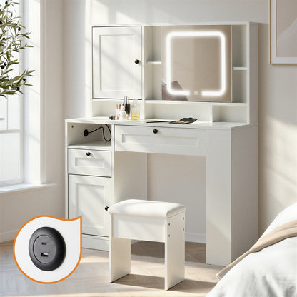 Dressing Table Stool Set LED Mirror Makeup Desk Charging