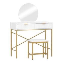 Dressing Table Stool Set with Mirror 2 Drawers White & Gold