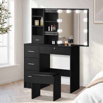 Dressing Table Stool Set Makeup Slide Mirror Drawer 10 LED Bulbs Black