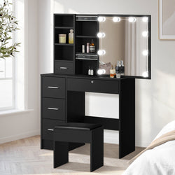 Dressing Table Stool Set Makeup Slide Mirror Drawer 10 LED Bulbs Black