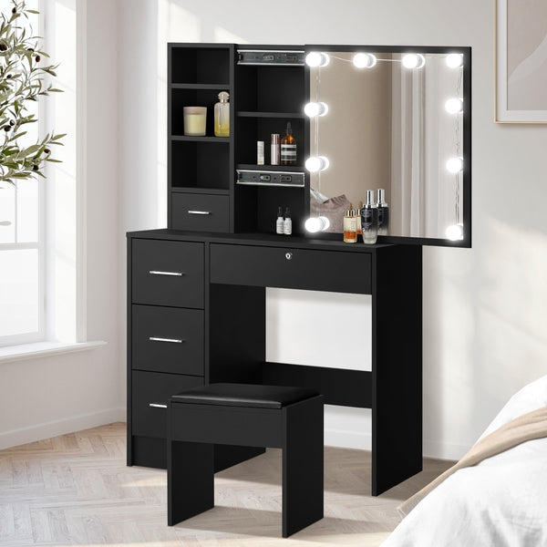  Dressing Table Stool Set Makeup Slide Mirror Drawer 10 LED Bulbs Black