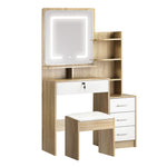 Dressing Table Stool Set LED Light Mirror Wooden White