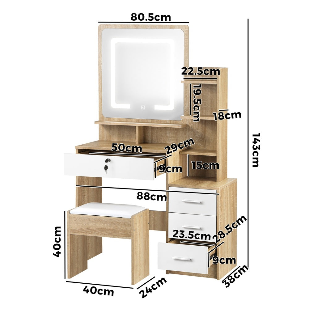 Dressing Table Stool Set LED Light Mirror Wooden White