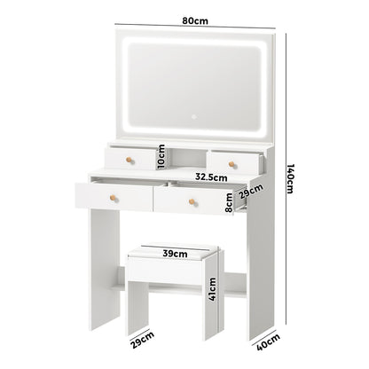 Dressing Table Stool Set LED Mirror Natural