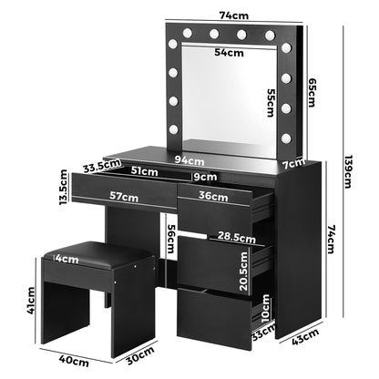 Makeup Desk with Mirror, Storage, and 12 LED Lighting-Wood\White\Black
