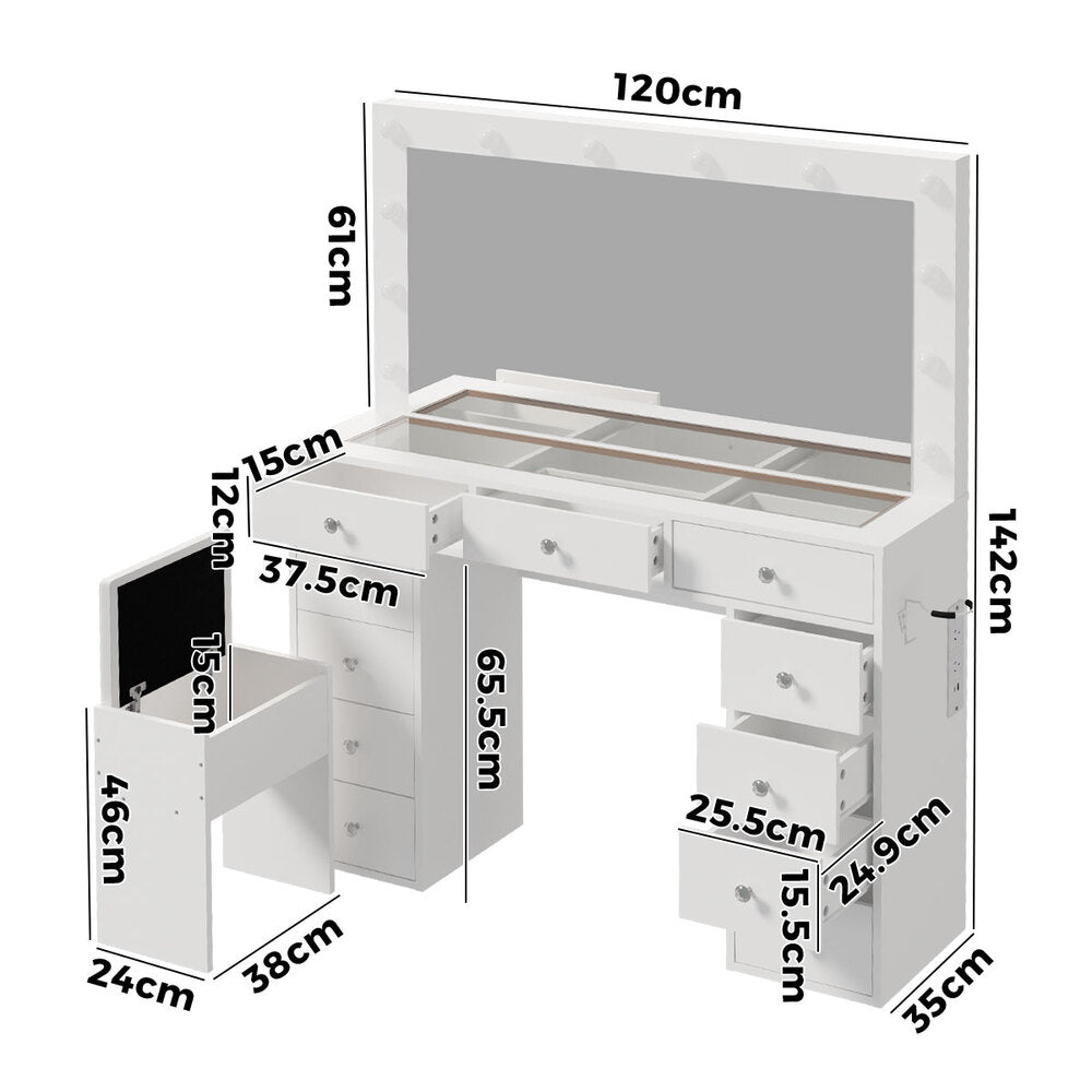 Dressing Table Set White Glass 120x35x142cm