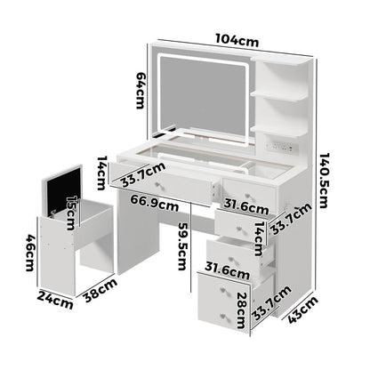Dressing Table Set White LED Lights 104x43x140.5cm