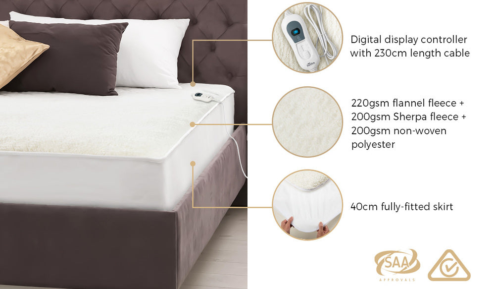 Heated Electric Blanket Bedding Collection Fleece Underlay King Single White 3-Temp Timer
