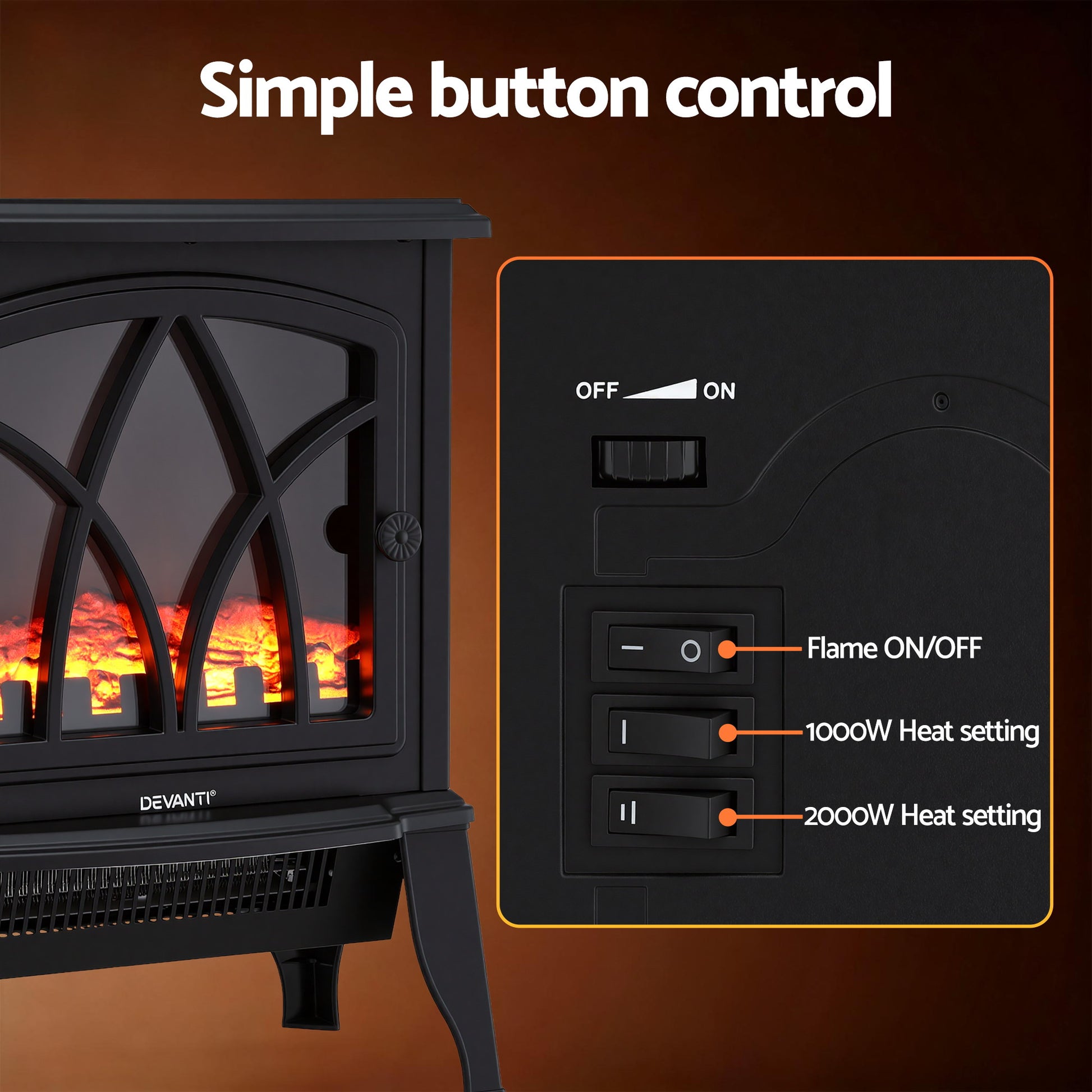Electric Fireplace Heater Stove 2000W 3D Flame | HomeAndLiving