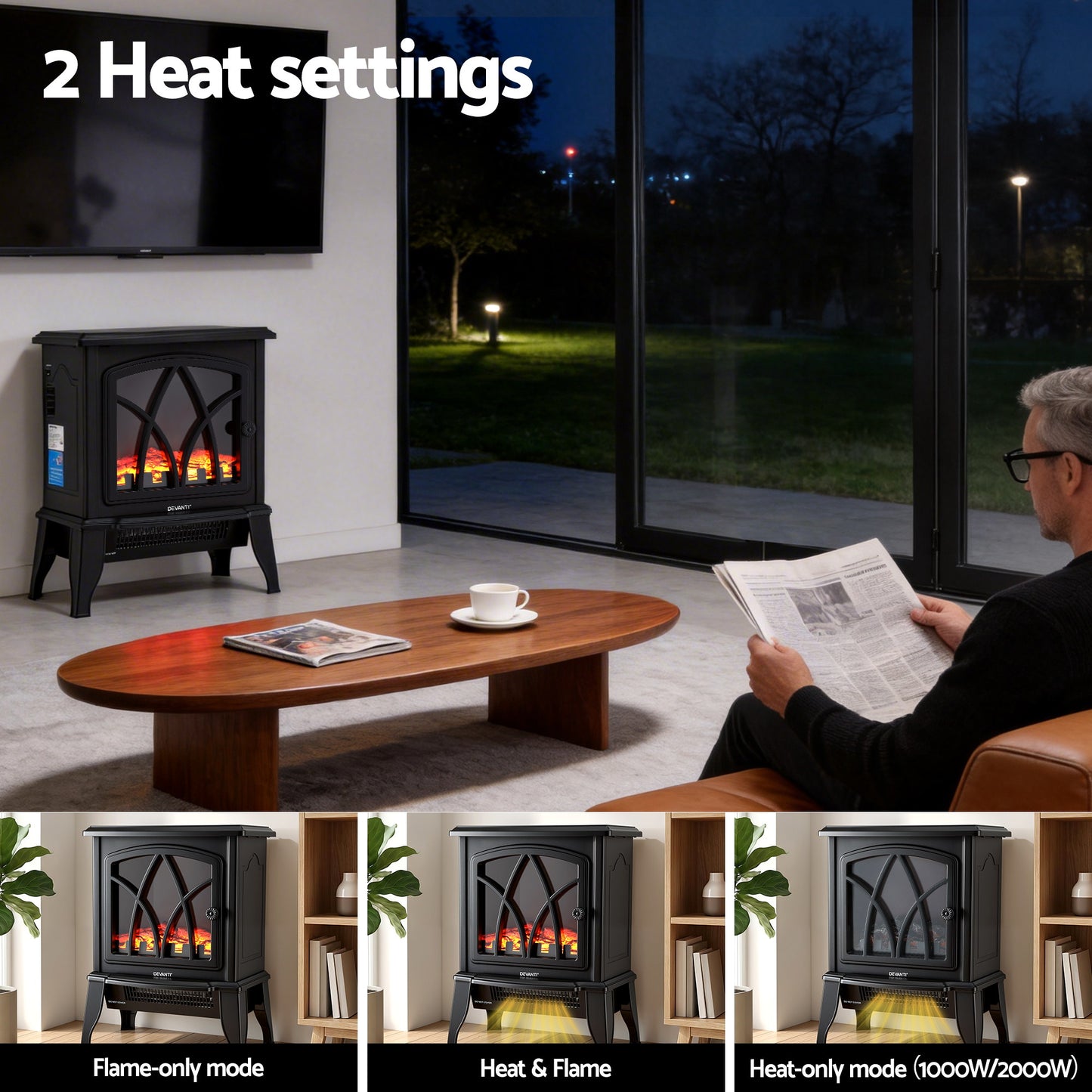 Electric Fireplace Heater Stove 2000W 3D Flame | HomeAndLiving