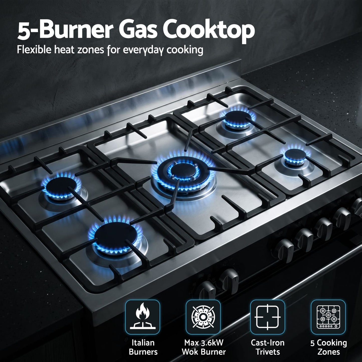 90cm Dual Fuel Cooker 5 Burner Gas Electric | HomeAndLiving - 4