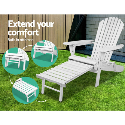 3 Piece Outdoor Adirondack Lounge Beach Chair Set - White