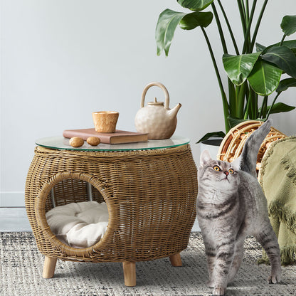 Wicker Coffee Side Table With Pet Bed Storage - Outdoor Aluminum