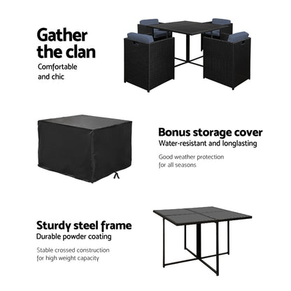 Outdoor Dining Set 5 Piece Wicker Table Chairs Setting Black