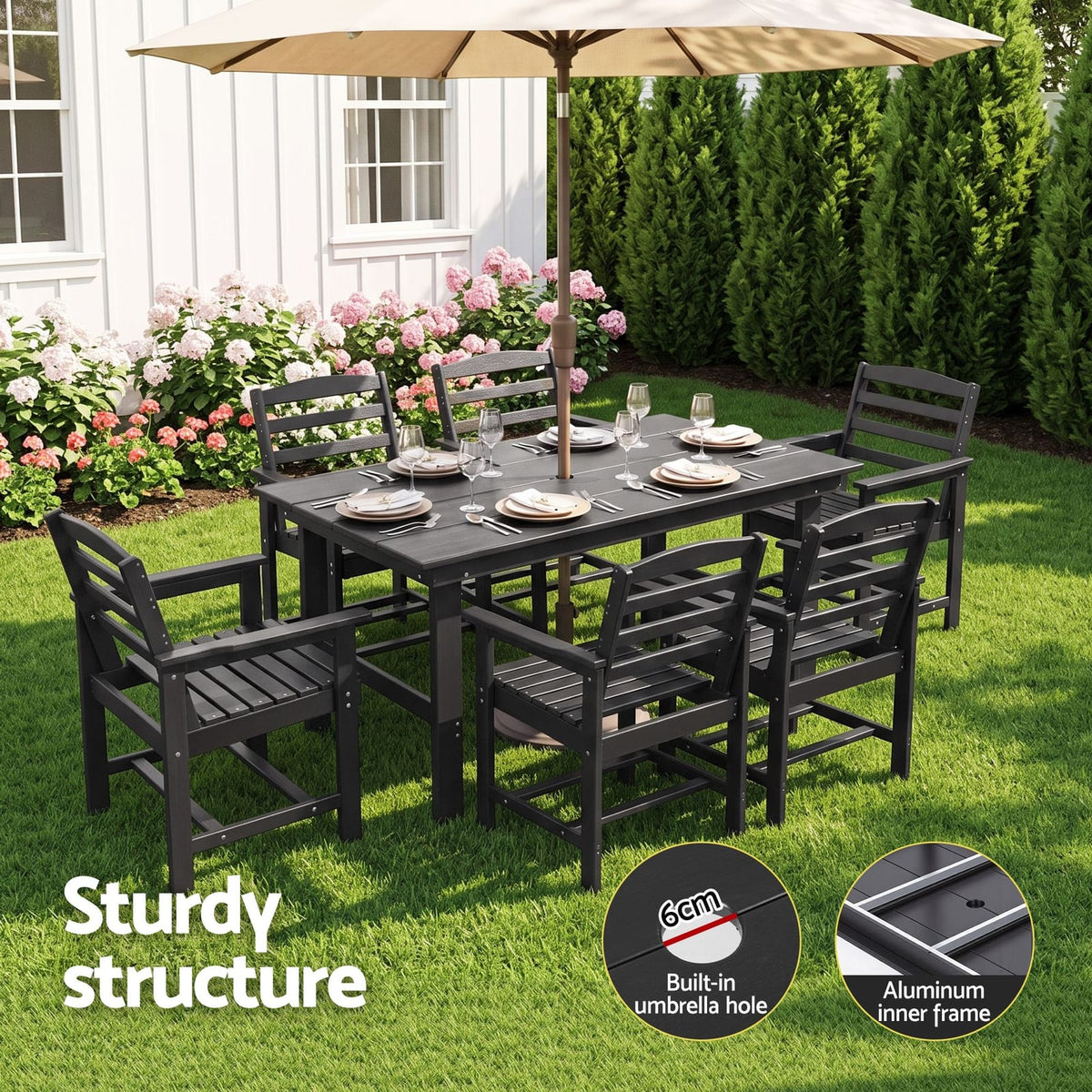 Outdoor Dining Set Black Marble 156x86x75cm