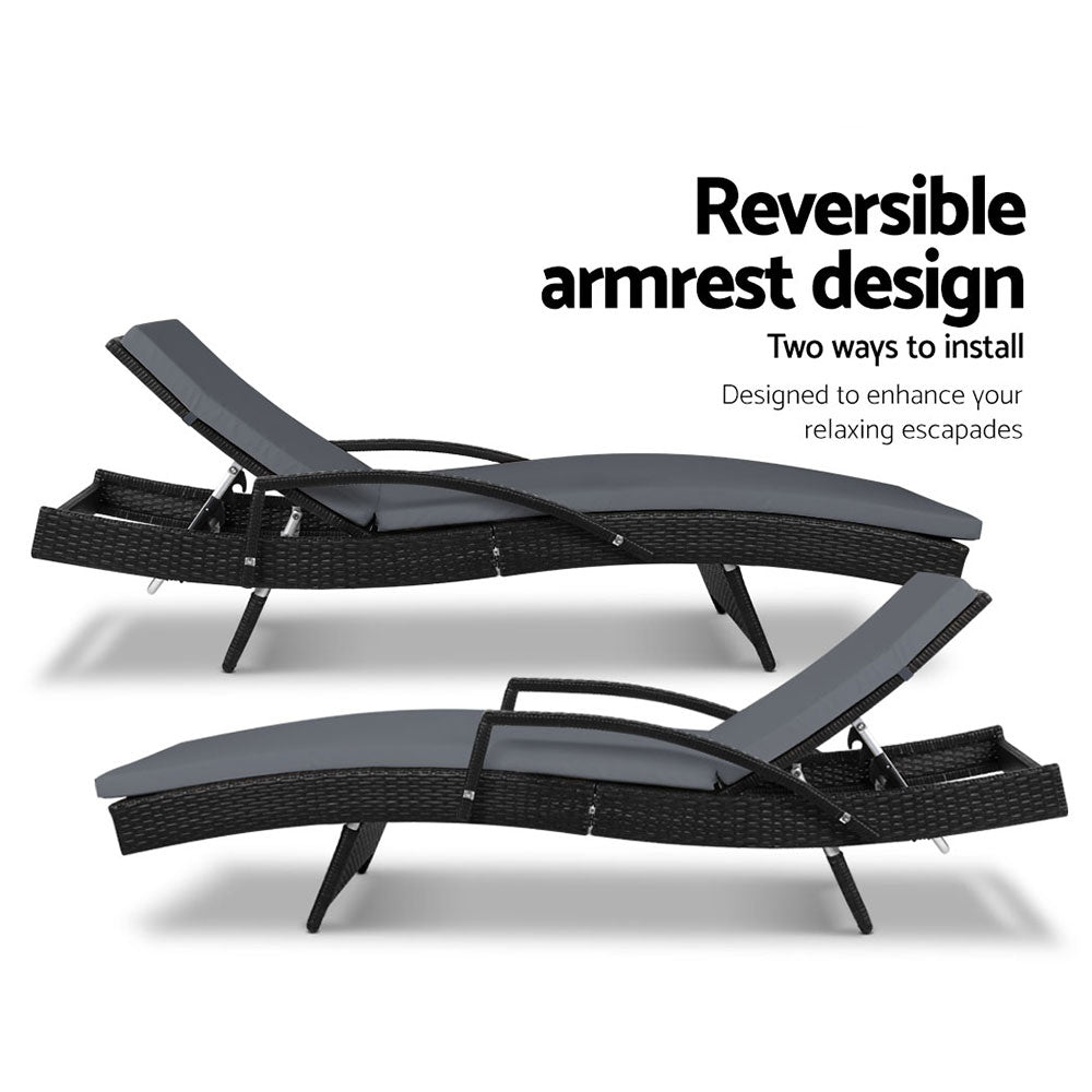 2Pc Adjustable Wicker Beach Chair Patio Lounger Black