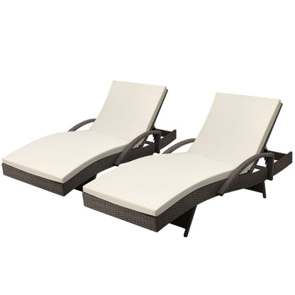 2Pc Adjustable Wicker Beach Chair Patio Lounger Grey&Beige
