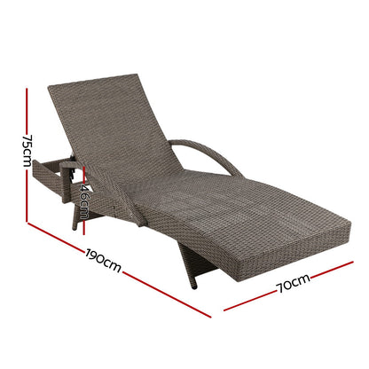 2Pc Adjustable Wicker Beach Chair Patio Lounger Grey&Beige