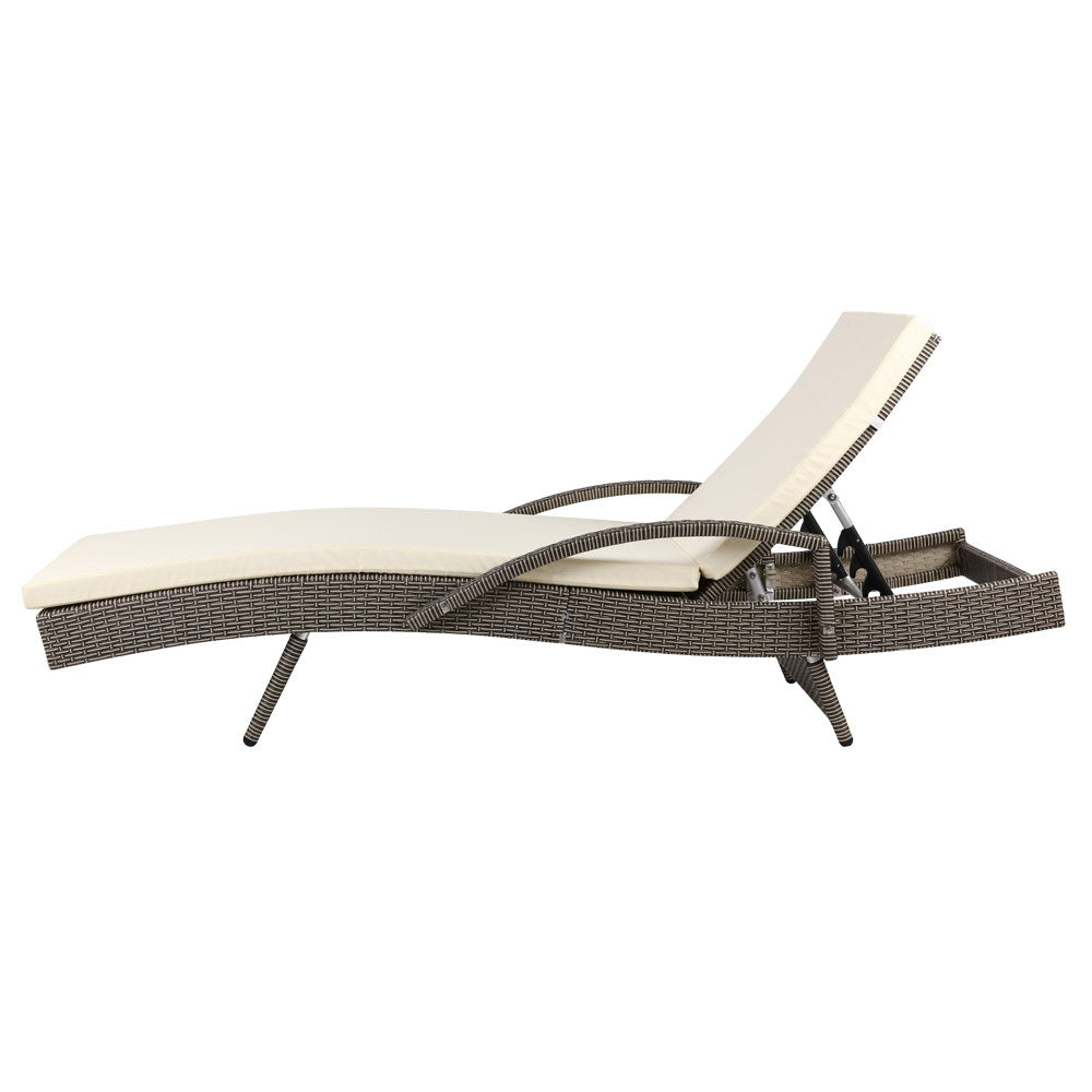 2Pc Adjustable Wicker Beach Chair Patio Lounger Grey&Beige