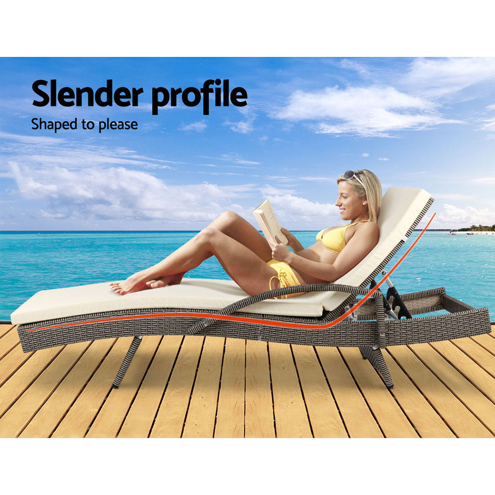 2Pc Adjustable Wicker Beach Chair Patio Lounger Grey&Beige