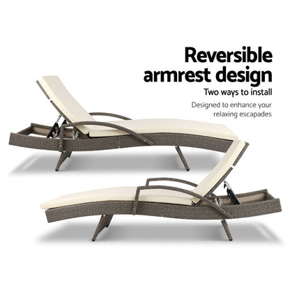 2Pc Adjustable Wicker Beach Chair Patio Lounger Grey&Beige